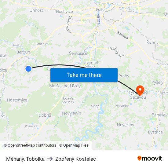 Měňany, Tobolka (A) to Zbořený Kostelec map