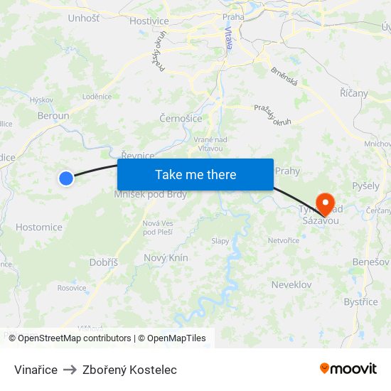 Vinařice (A) to Zbořený Kostelec map