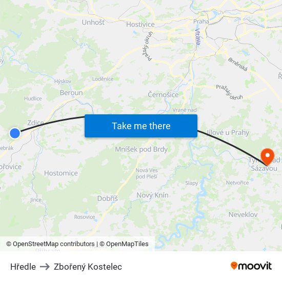 Hředle (A) to Zbořený Kostelec map