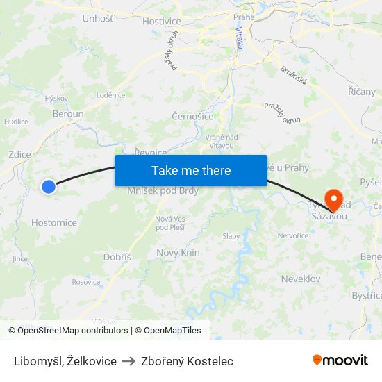 Libomyšl, Želkovice (A) to Zbořený Kostelec map