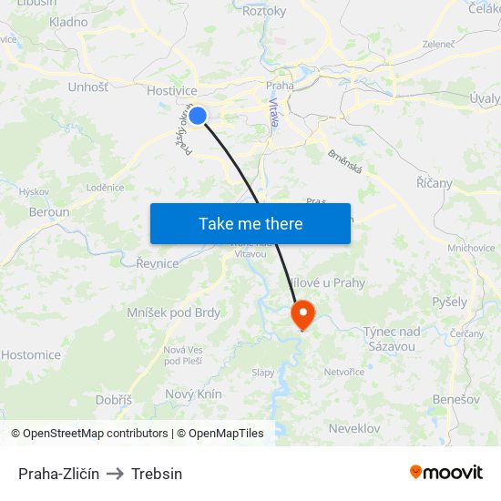 Praha-Zličín to Trebsin map