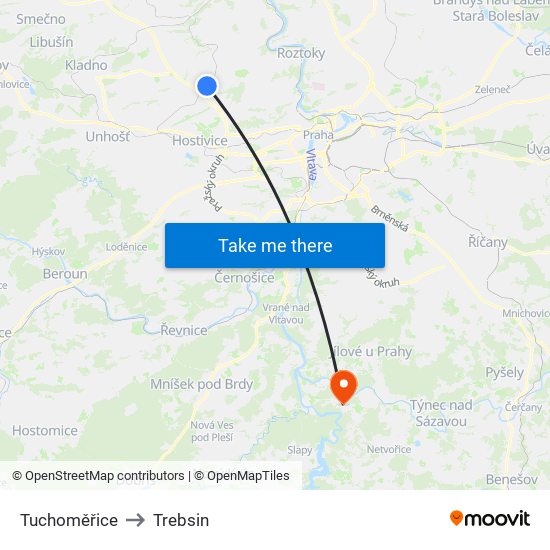 Tuchoměřice to Trebsin map