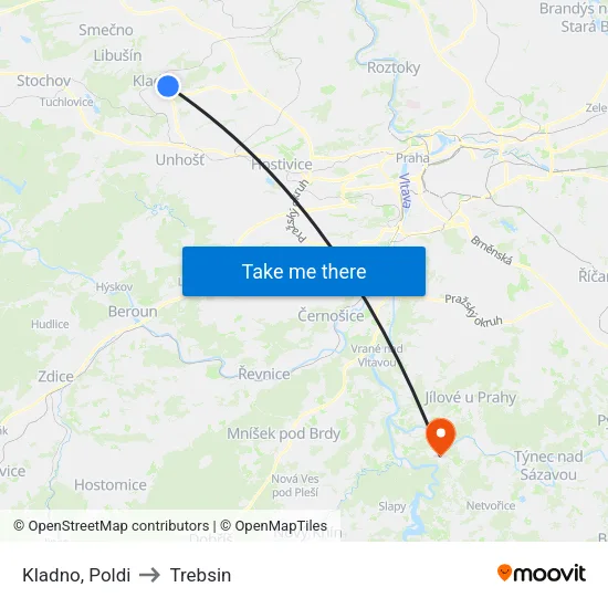Kladno, Poldi to Trebsin map