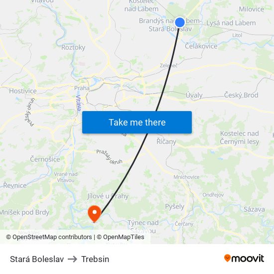 Stará Boleslav to Trebsin map
