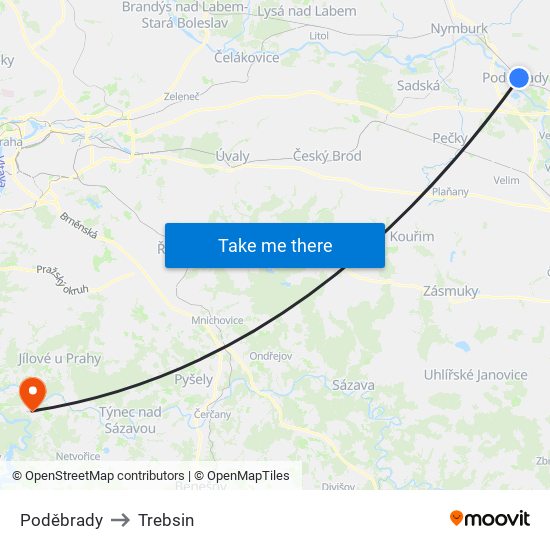 Poděbrady to Trebsin map