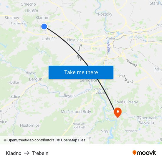 Kladno to Trebsin map