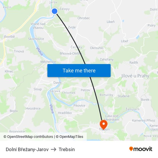 Dolní Břežany-Jarov to Trebsin map