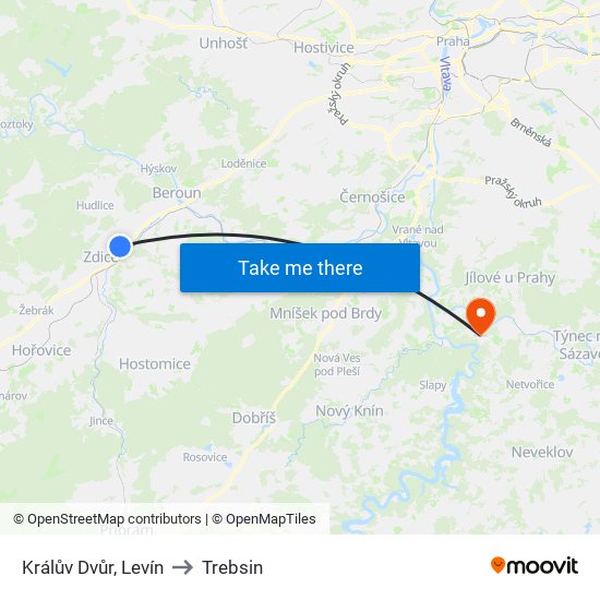 Králův Dvůr, Levín to Trebsin map