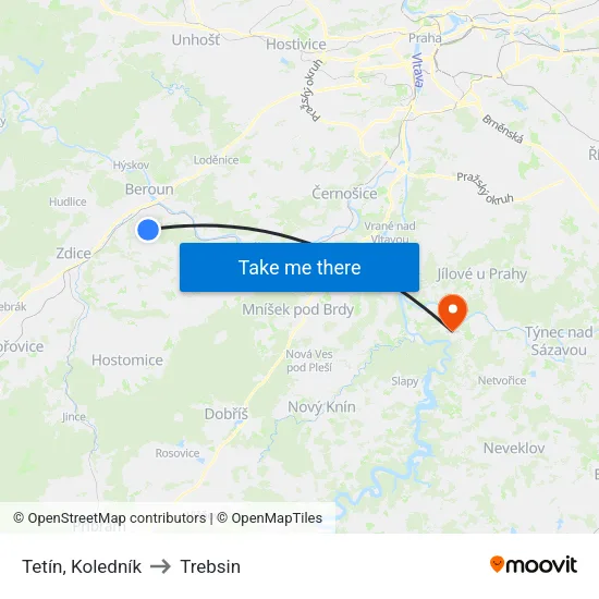 Tetín, Koledník to Trebsin map