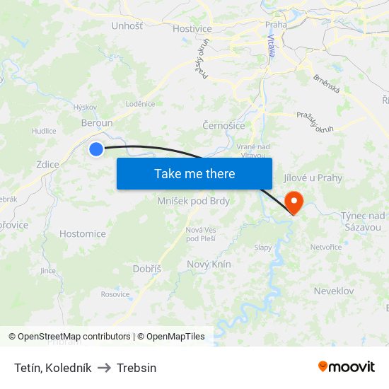 Tetín, Koledník to Trebsin map