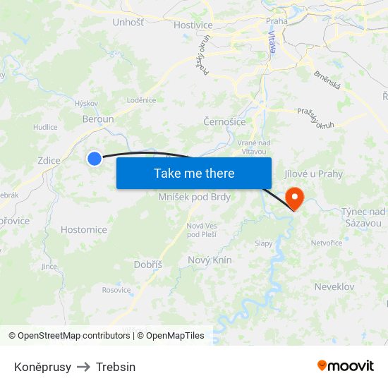 Koněprusy to Trebsin map