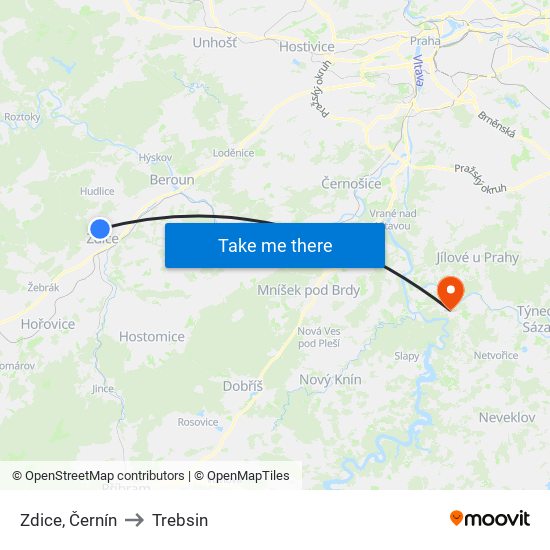 Zdice, Černín to Trebsin map