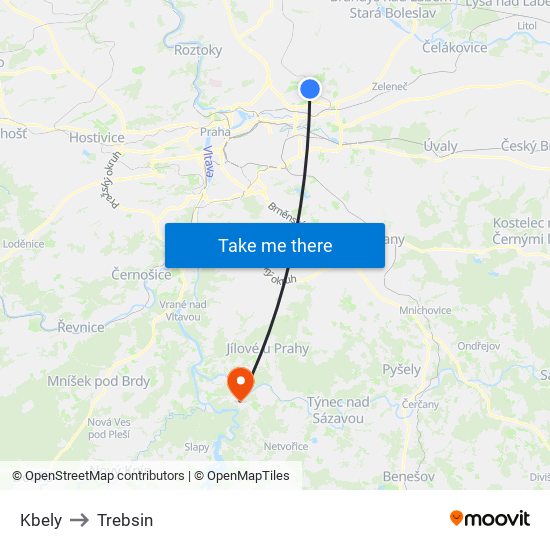 Kbely to Trebsin map