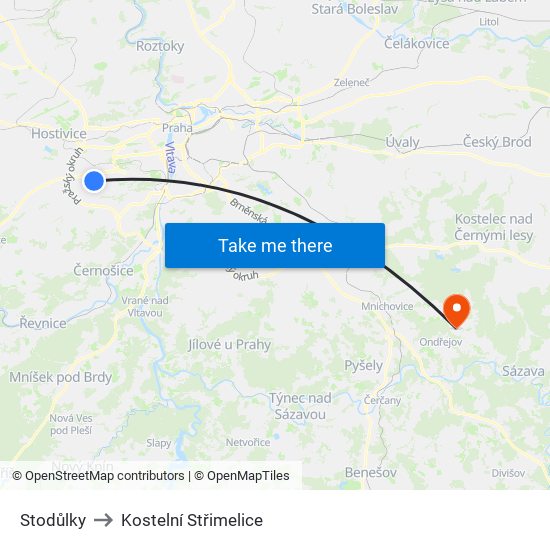 Stodůlky to Kostelní Střimelice map