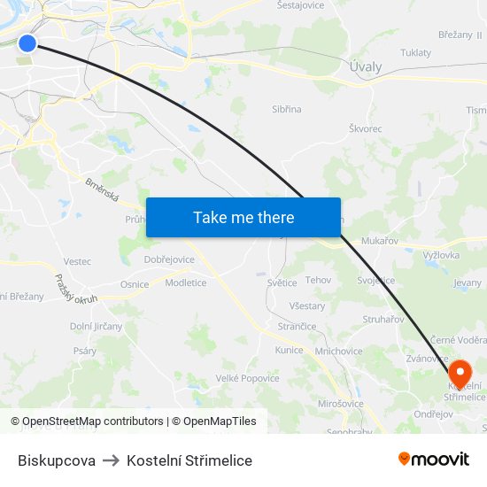 Biskupcova to Kostelní Střimelice map