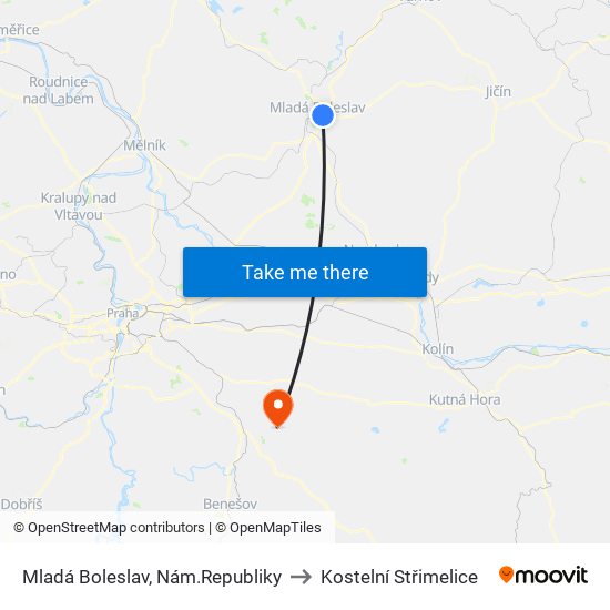 Mladá Boleslav, Nám.Republiky to Kostelní Střimelice map