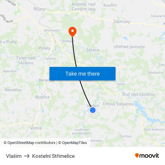 Vlašim to Kostelní Střimelice map