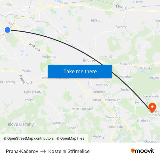 Praha-Kačerov to Kostelní Střimelice map