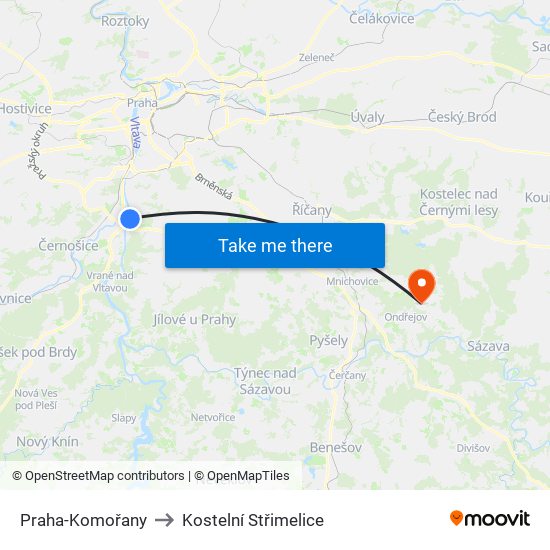 Praha-Komořany to Kostelní Střimelice map