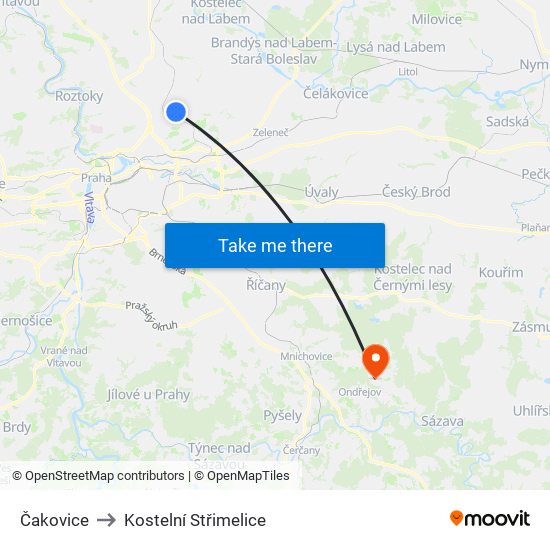 Čakovice to Kostelní Střimelice map