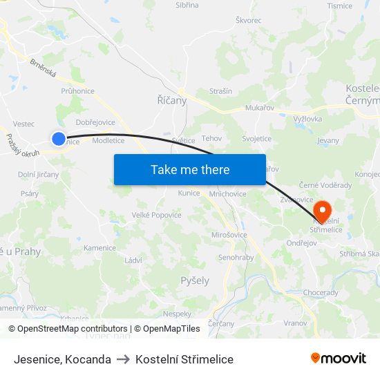 Jesenice, Kocanda to Kostelní Střimelice map