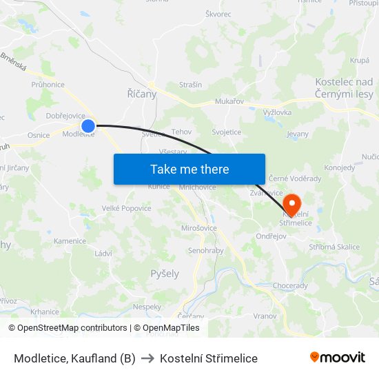 Modletice, Kaufland (B) to Kostelní Střimelice map