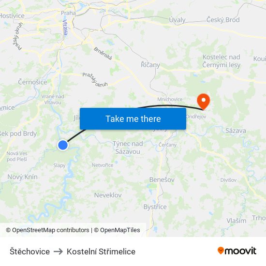 Štěchovice to Kostelní Střimelice map