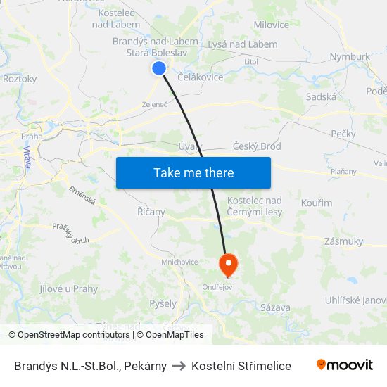 Brandýs N.L.-St.Bol., Pekárny (B) to Kostelní Střimelice map