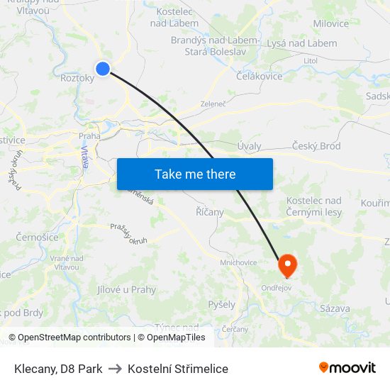 Klecany, D8 Park to Kostelní Střimelice map