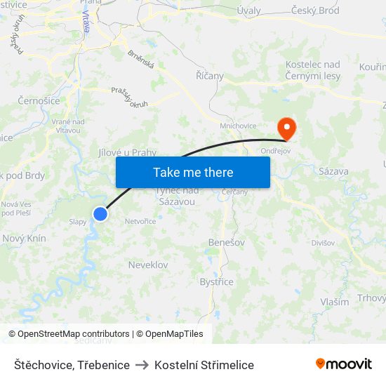 Štěchovice, Třebenice to Kostelní Střimelice map