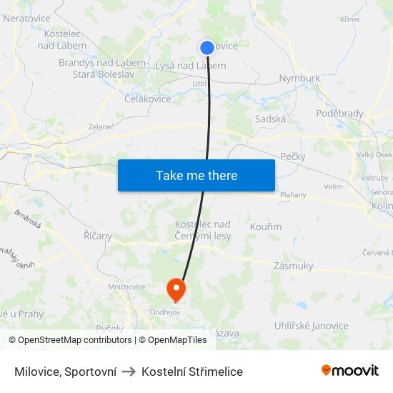 Milovice, Sportovní to Kostelní Střimelice map