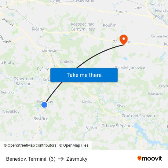 Benešov, Terminál (3) to Zásmuky map
