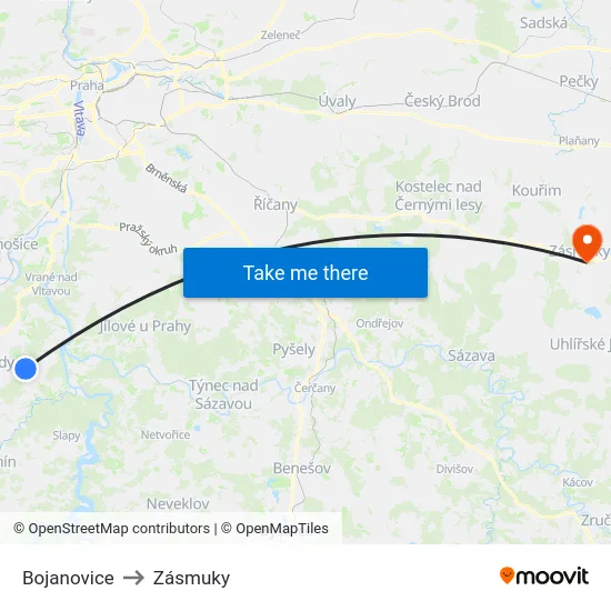 Bojanovice to Zásmuky map