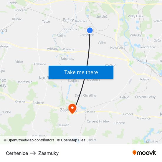 Cerhenice to Zásmuky map