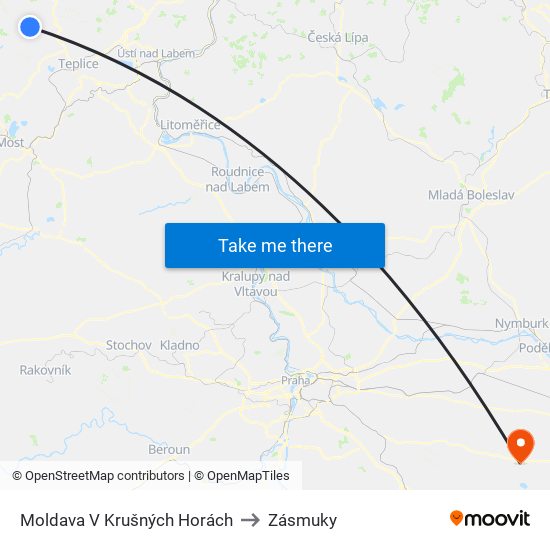Moldava V Krušných Horách to Zásmuky map