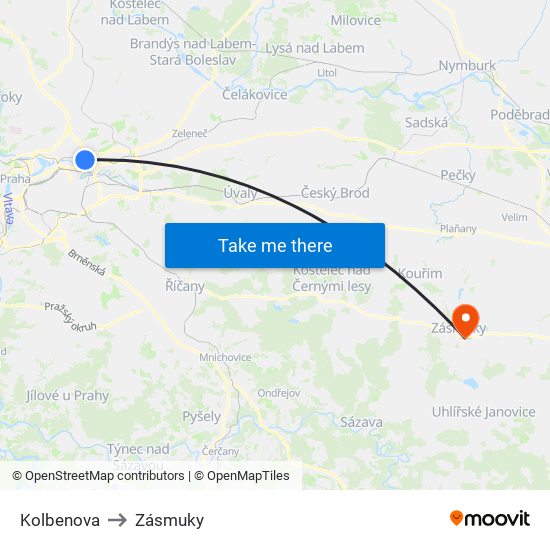 Kolbenova to Zásmuky map