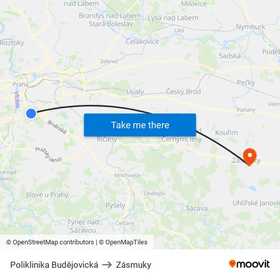 Poliklinika Budějovická to Zásmuky map