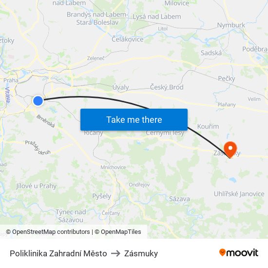 Poliklinika Zahradní Město to Zásmuky map