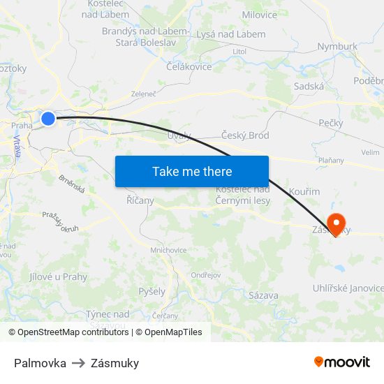 Palmovka to Zásmuky map