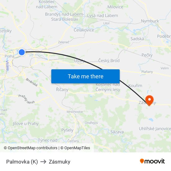 Palmovka (K) to Zásmuky map