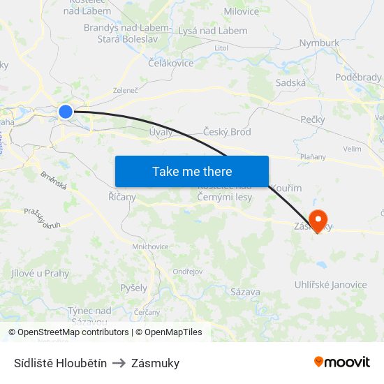 Sídliště Hloubětín to Zásmuky map