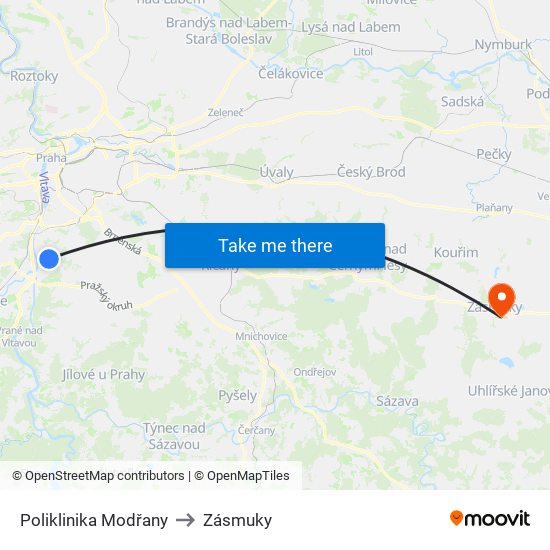Poliklinika Modřany to Zásmuky map
