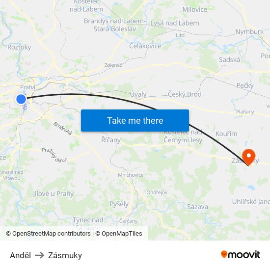 Anděl (A) to Zásmuky map