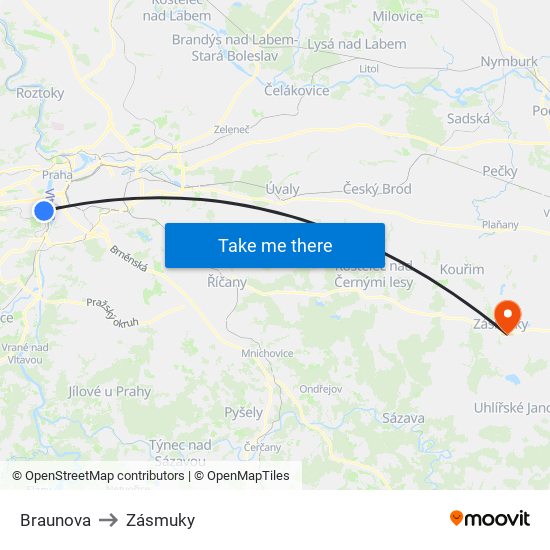 Braunova to Zásmuky map