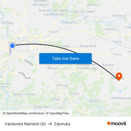 Václavské Náměstí (A) to Zásmuky map