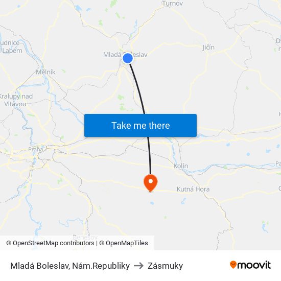 Mladá Boleslav, Nám.Republiky to Zásmuky map