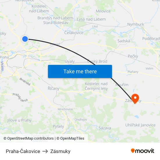 Praha-Čakovice to Zásmuky map