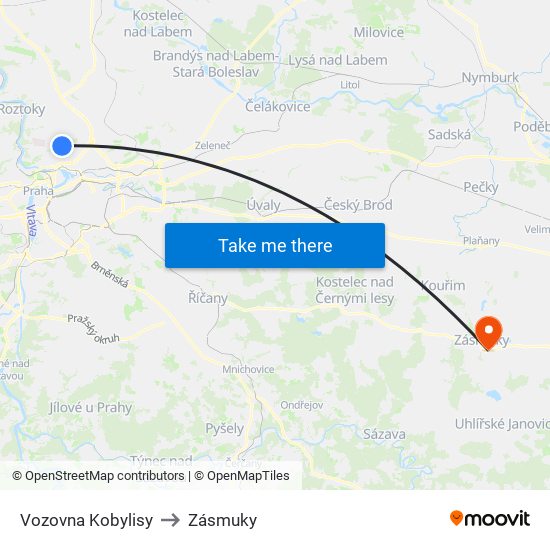 Vozovna Kobylisy to Zásmuky map