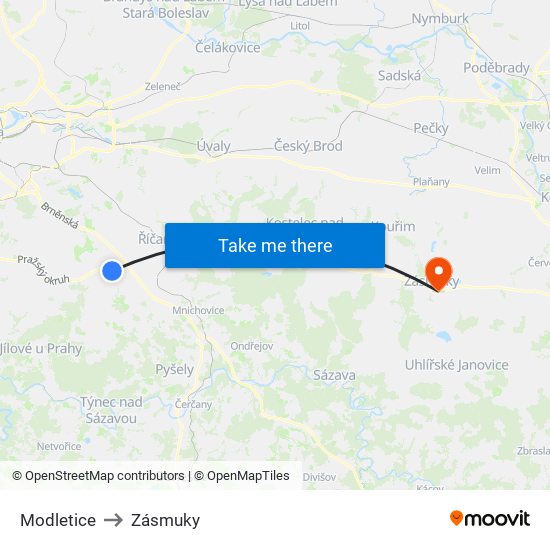 Modletice to Zásmuky map