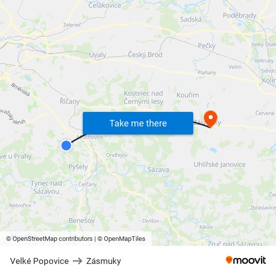 Velké Popovice to Zásmuky map